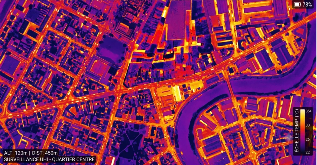 Carte thermique aérienne montrant les zones les plus chaudes d'une commune, réalisée par drone