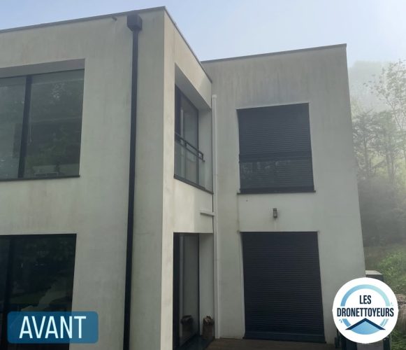 Façade latérale arrière avant nettoyage – traînées verdâtres incrustées, Chessy