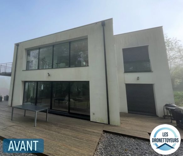 Façade latérale avant nettoyage – traînées verdâtres incrustées, Chessy